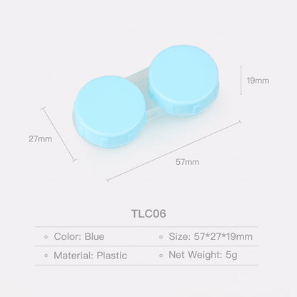 The image features a blue-colored contact lens case, accompanied by textual details describing its color, dimensions, material, and weight.