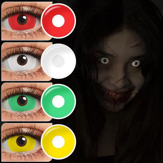 A young cosplayer showcasing 17mm sclera costume contacts with 4 Variants, with close-up insets highlighting on the wearer's eye color.