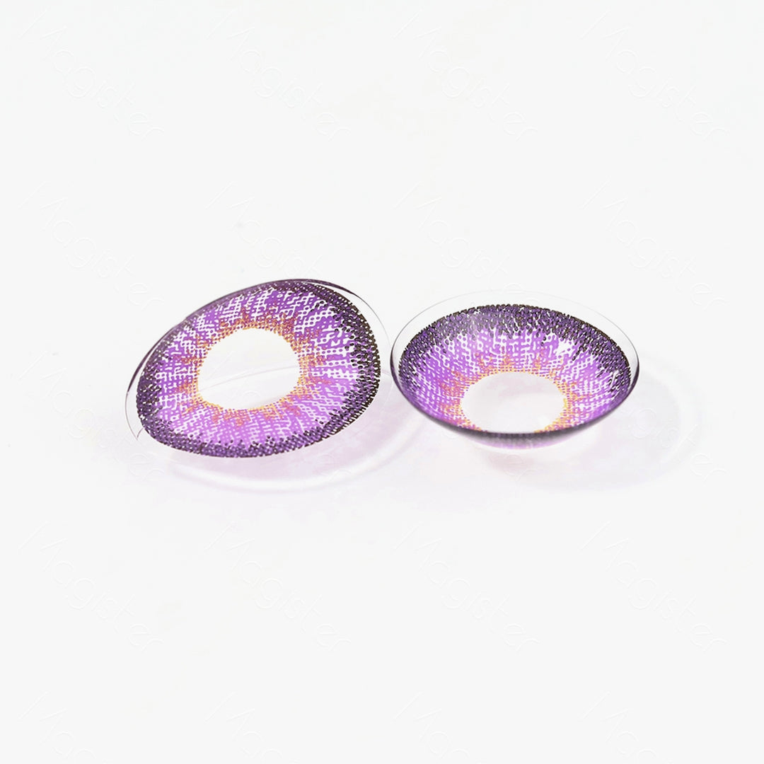 2 pcs lenses of NEON VIOLET contact lenses on a white surface, showing the details of the lens pattern from the front and back