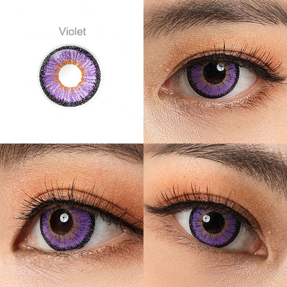 NEON VIOLET Cosmetic Contacts, the effect on a brown-eyed model in 3 different angel.