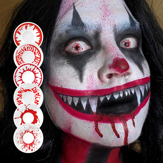 A young cosplayer showcasing Wild Blood Vampire Costume Contacts with 6 Variants, with close-up insets highlighting on the wearer's eye color.