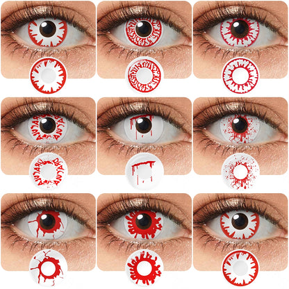 Variety of Wild Blood Vampire Costume Contacts displayed on a model's eyes, showcasing 9 different shades.