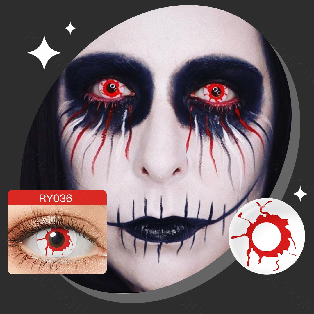 A young lady showcasing Bloodshot Wild Blood Vampire Costume Contacts, with close-up insets highlighting the effect and change eye colors available.
