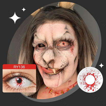 A young lady showcasing Crazy blood splat Wild Blood Vampire Costume Contacts, with close-up insets highlighting the effect and change eye colors available.