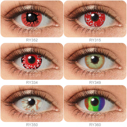 Grid display of 6 shades of Zombie Costume Contacts, showing a variety of shades, each paired with a close-up view of the lens pattern