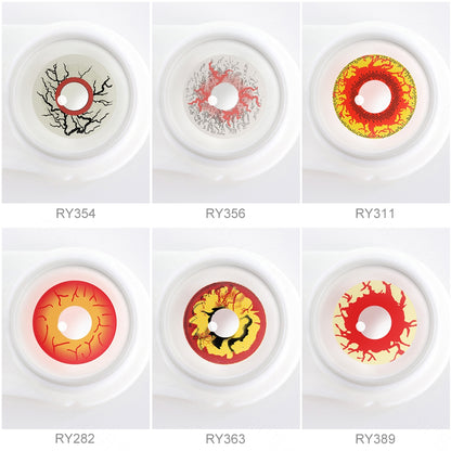 Array of cosplay Zombie Contacts in a white case, showcasing 6 colors, Each lens is labeled with its color name beneath the case.