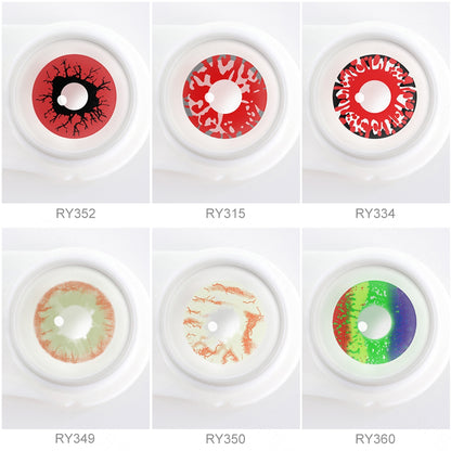 Array of cosplay Zombie Contacts in a white case, showcasing 6 colors, Each lens is labeled with its color name beneath the case.