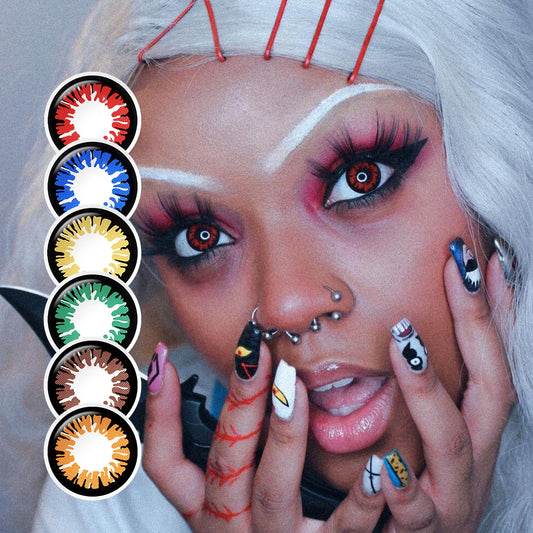 A young cosplayer showcasing Aiyanye Costume Contacts with 6 Variants, one black with white variant with close-up insets highlighting on the wearer's eye color.