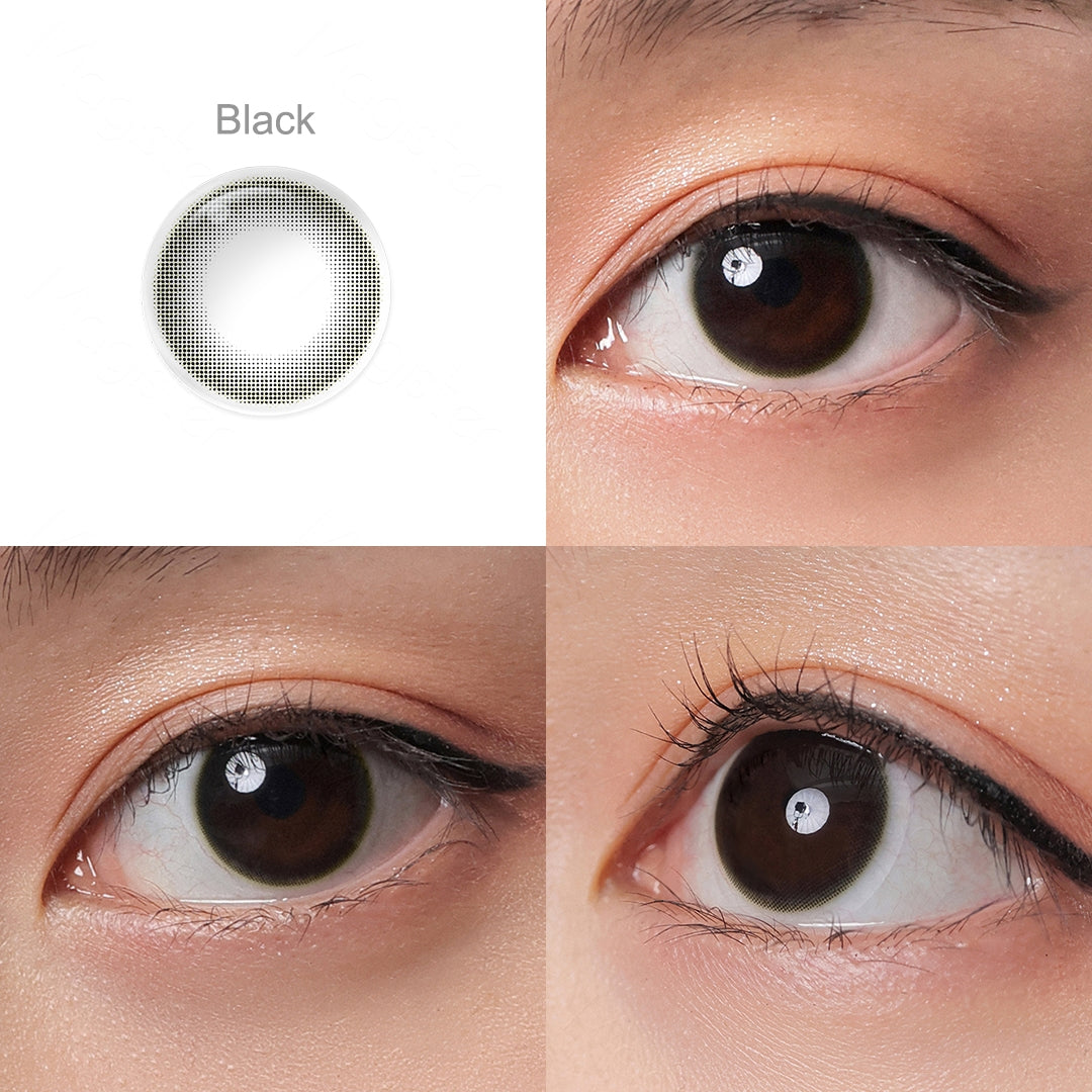 HALO BLACK Cosmetic Contacts, the effect on a brown-eyed model in 3 different angel.