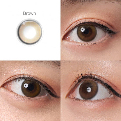 HALO BROWN Cosmetic Contacts, the effect on a brown-eyed model in 3 different angel.