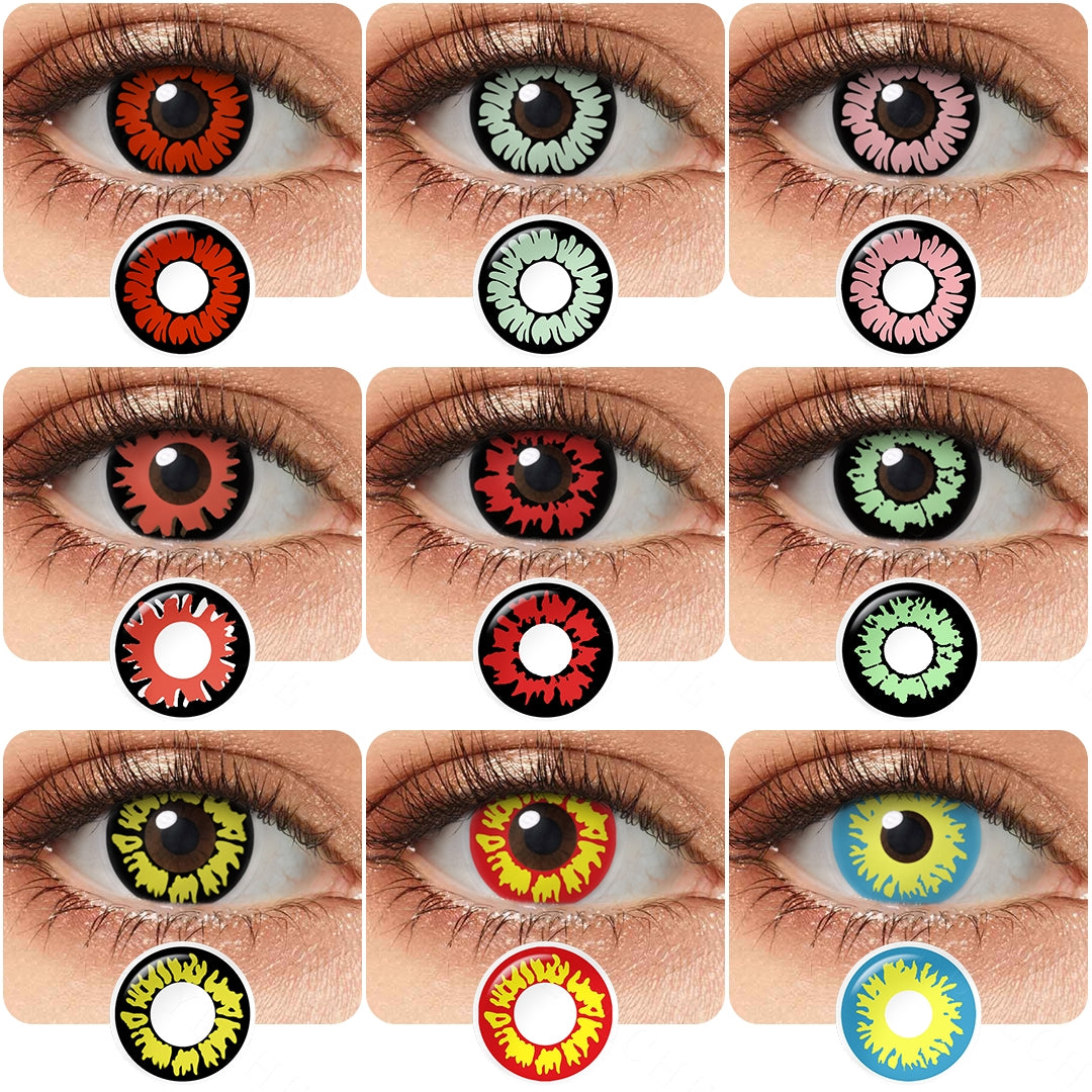 Showcase of nine cosplay contact lenses in natural eye settings, labeled Demon Glamor Green Cosplay Contacts,Demon Glamor Red Cosplay Contacts,Demon Glamor Pink Cosplay Contacts,Black And Red Flame Contacts,Dolly Green Contacts,Twilight Yellow Wolf Eye Contacts,Wild Fire Contacts,Blue And Yellow Firework Contacts, each demonstrating the transformative effect on the wearer's eye color.