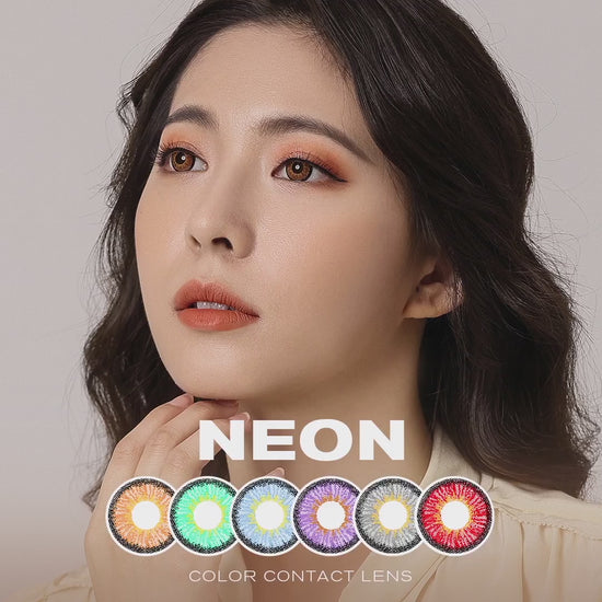 Product video presenting a range of NEON colored contact lenses, featuring close-up views of the lenses in various shades and demonstrating how they appear when applied to the eyes.