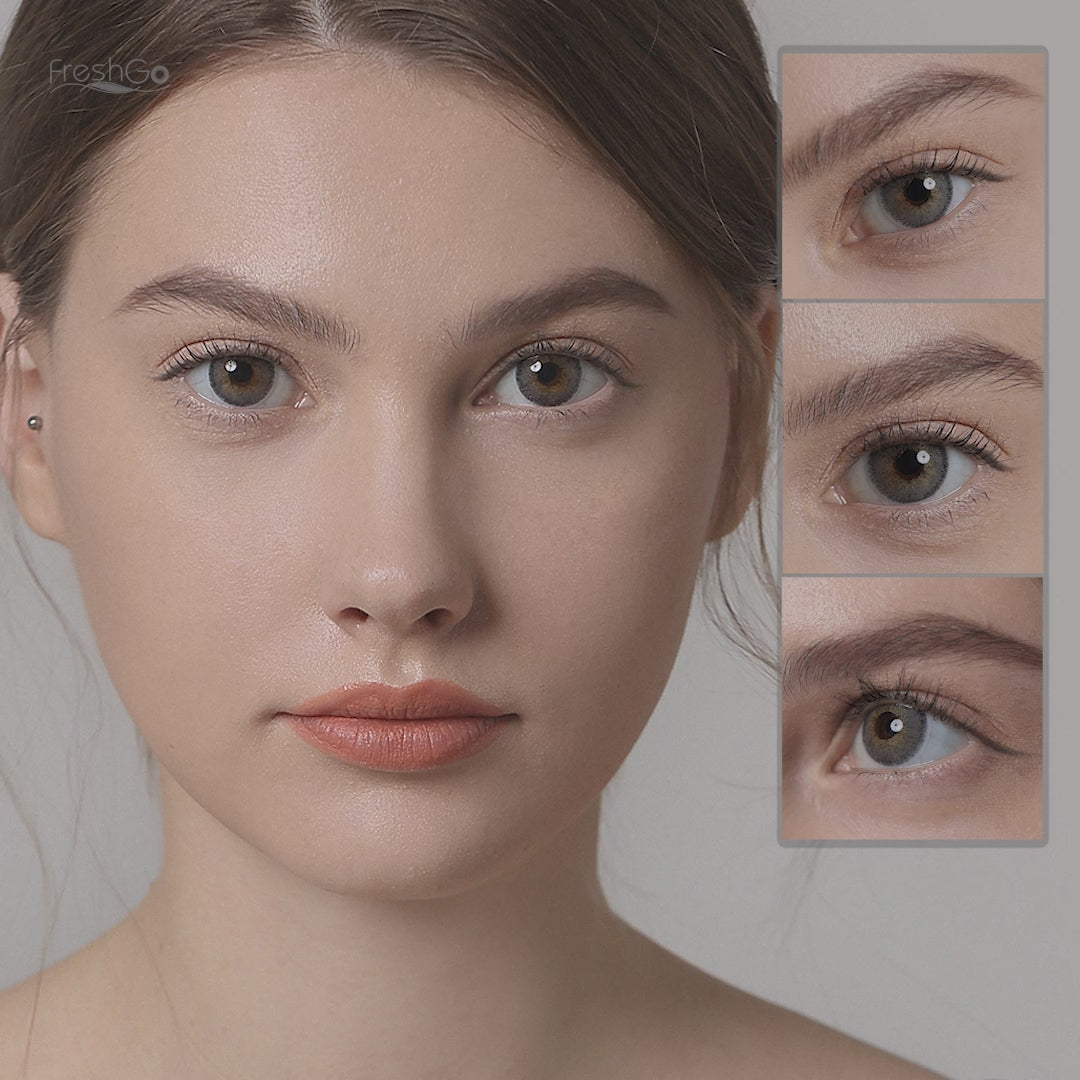 Product video presenting a range of NATURAL colored contact lenses, featuring close-up views of the lenses in various shades and demonstrating how they appear when applied to the eyes.