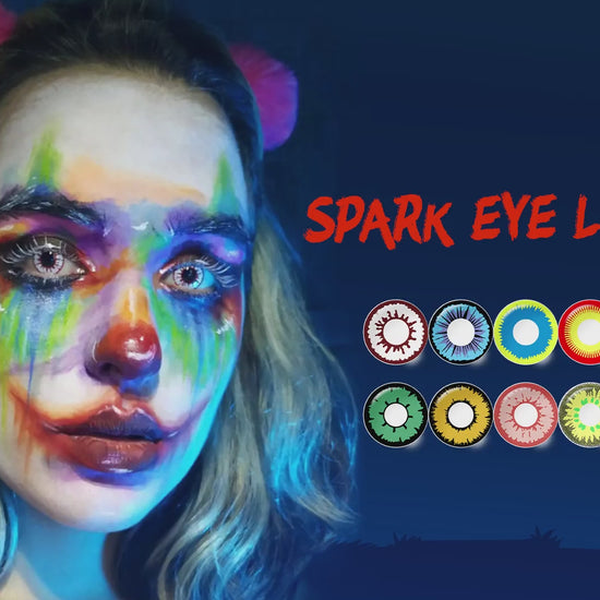 Product video presenting a range of Spark Eye Costume Contacts, featuring close-up views of the lenses in various shades and demonstrating how they appear when applied to the eyes.