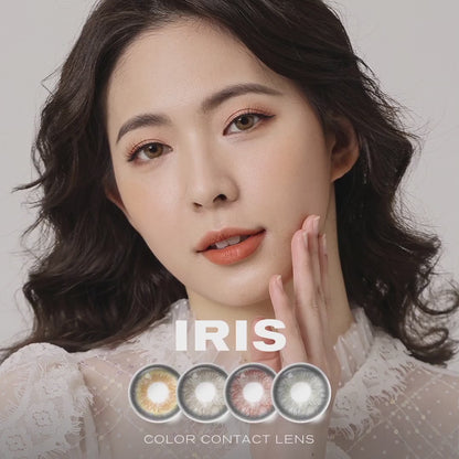 Product video presenting a range of IRIS color contact lens, featuring close-up views of the lenses in various shades and demonstrating how they appear when applied to the eyes.
