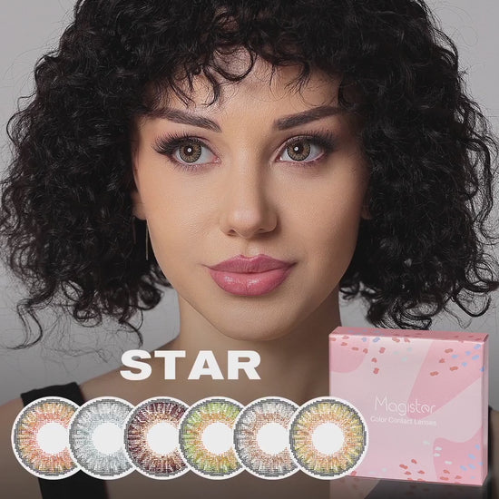 Product video presenting a range of Star colored contact lenses, featuring close-up views of the lenses in various shades and demonstrating how they appear when applied to the eyes.