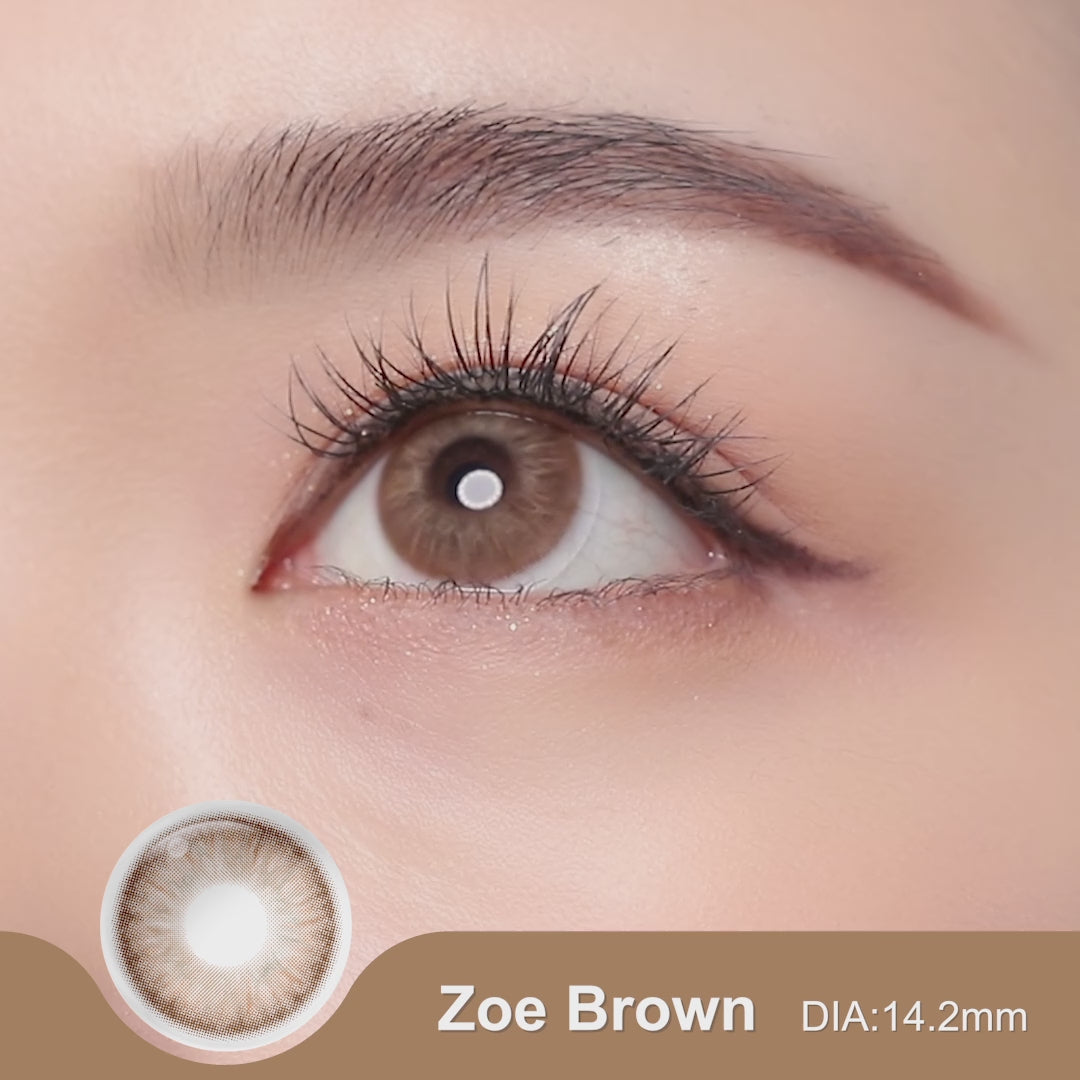Product video presenting a range of ZOE colored contact lenses, featuring close-up views of the lenses in various shades and demonstrating how they appear when applied to the eyes.