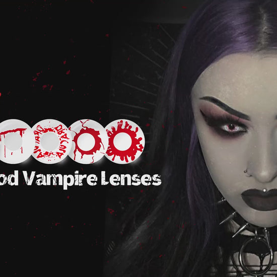 Product video presenting a range of Wild Blood Vampire Costume Contacts, featuring close-up views of the lenses in various shades and demonstrating how they appear when applied to the eyes.