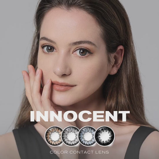 Product video presenting a 4 kinds of hot sales Innocent colored contact lenses, featuring close-up views of the lenses in various shades and demonstrating how they appear when applied to the eyes of model girls.