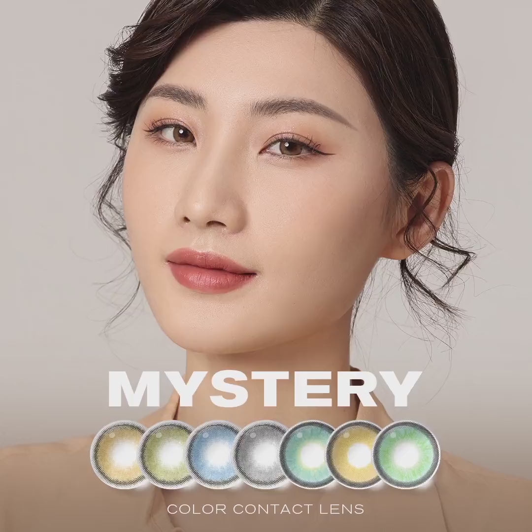 Product video presenting a range of Mystery colored contact lenses, featuring close-up views of the lenses in various shades and demonstrating how they appear when applied to the eyes.