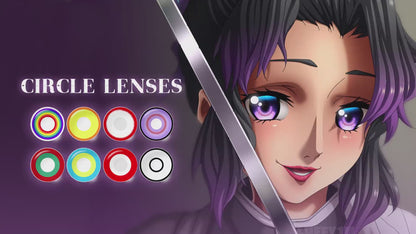 Product video presenting a range of Cosplay Circle Costume Contacts, featuring close-up views of the lenses in various shades and demonstrating how they appear when applied to the eyes.