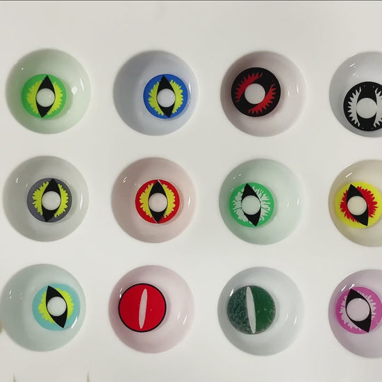 Product video presenting a range of Dragon Eye Costume Contacts, featuring close-up views of the lenses in various shades and demonstrating how they appear when applied to the eyes.