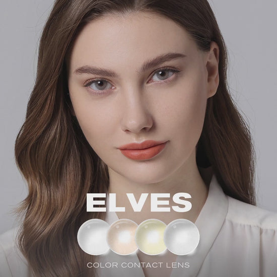 Product video presenting a range of Elves colored contact lenses, featuring close-up views of the lenses in various shades and demonstrating how they appear when applied to the eyes.