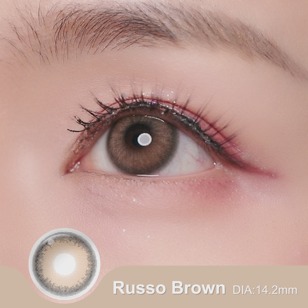 Product video presenting a range of Russo colored contact lenses, featuring close-up views of the lenses in various shades and demonstrating how they appear when applied to the eyes.