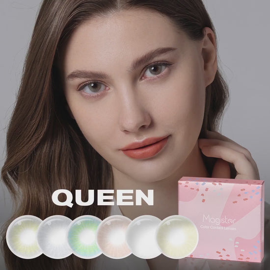 Product video presenting a 6 kinds of hot sales Queen colored contact lenses, featuring close-up views of the lenses in various shades and demonstrating how they appear when applied to the eyes.