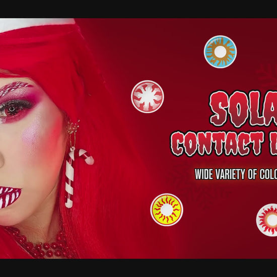 Product video presenting a range of cosplay contact lenses, featuring close-up views of the lenses in various shades and demonstrating how they appear when applied to the eyes.