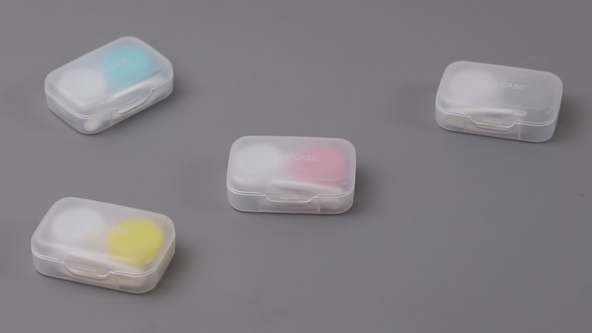 Product video presenting contact lens case 4 colors with case, tweezers & applicator.  