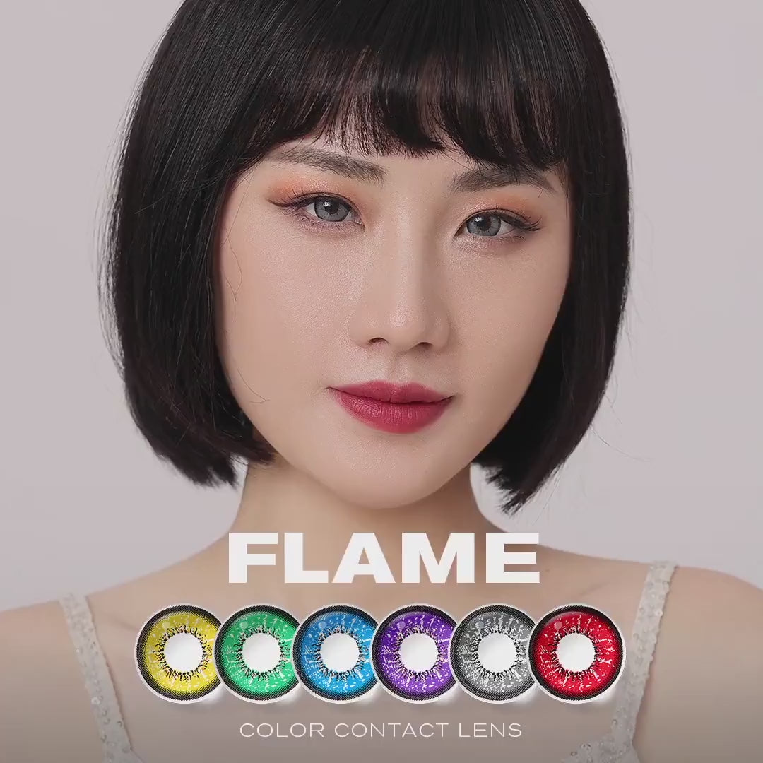 Product video presenting a range of Flame colored contact lenses, featuring close-up views of the lenses in various shades and demonstrating how they appear when applied to the eyes.