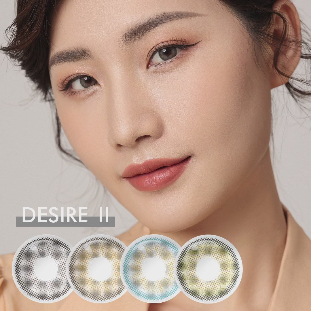 Product video presenting a range of Desire II eye contact lens, featuring close-up views of the lenses in various shades and demonstrating how they appear when applied to the eyes.