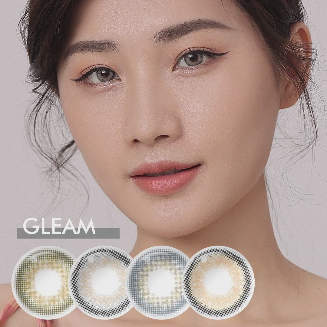 Product video presenting a range of Gleam colored contact lenses, featuring close-up views of the lenses in various shades and demonstrating how they appear when applied to the eyes.