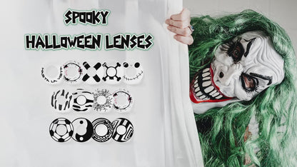 Product video presenting a range of spooky halloween Contacts, featuring close-up views of the lenses in various shades and demonstrating how they appear when applied to the eyes.