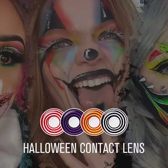 Product video presenting a range of Cosplay Spiral Costume Contacts, featuring close-up views of the lenses in various shades and demonstrating how they appear when applied to the eyes.
