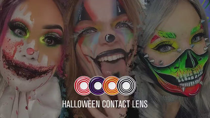 Product video presenting a range of Cosplay Spiral Costume Contacts, featuring close-up views of the lenses in various shades and demonstrating how they appear when applied to the eyes.