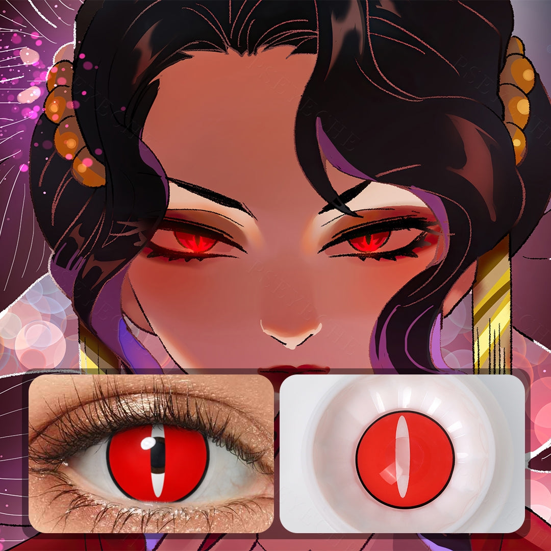 A cartoon figture showcasing Red dragon Halloween Costume Contacts, with close-up insets highlighting the effect and change eye colors available.